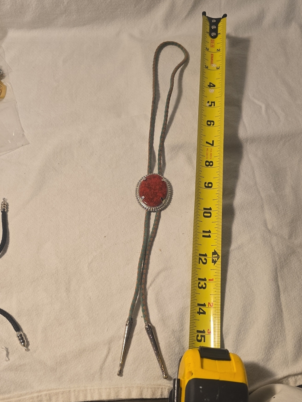 Red Stone And Leather Bolo Tie with Braided Green And Natural brown Leather cord